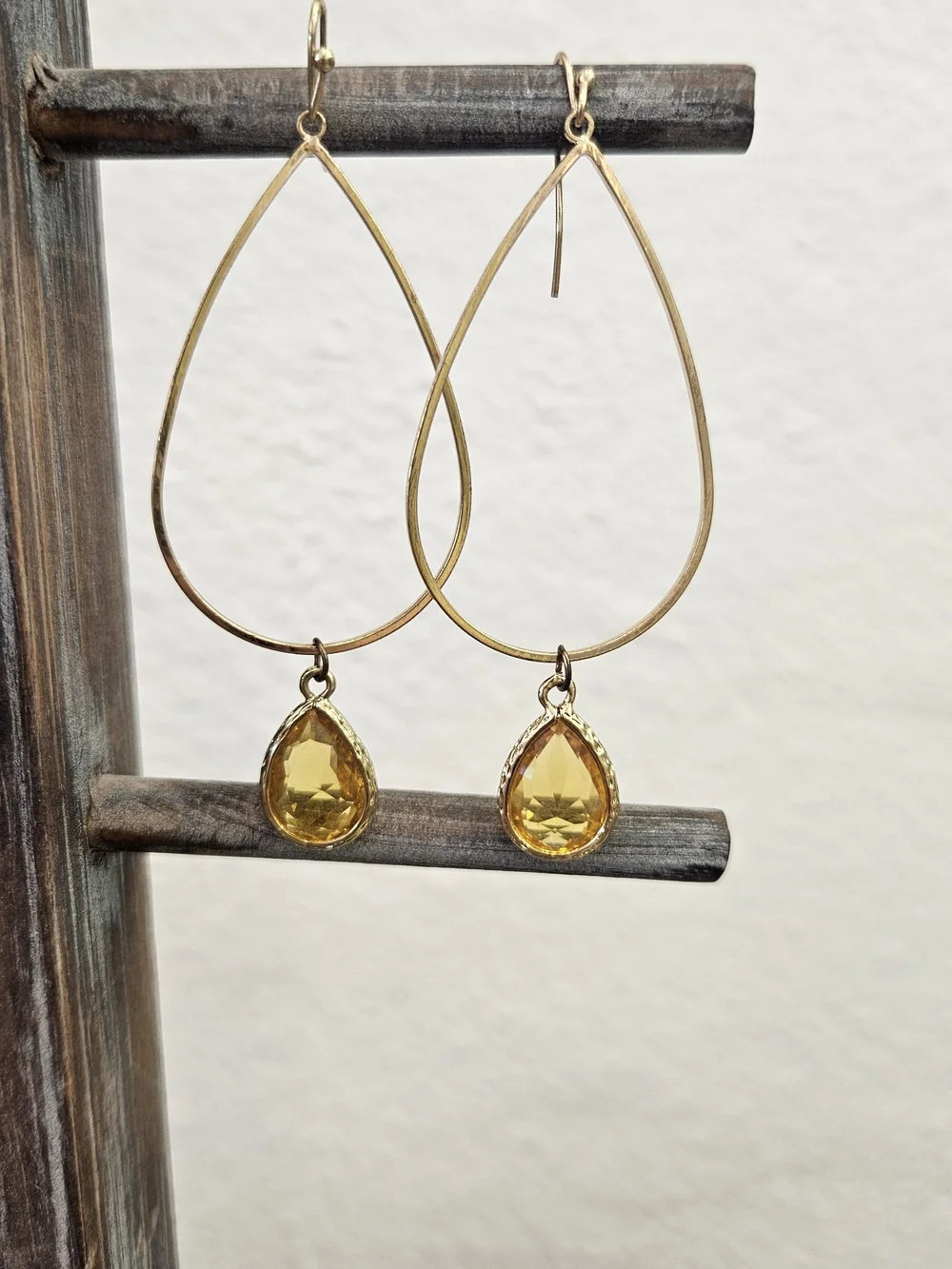 Gold Teardrop Dangle Earrings with Yellow Gemstones